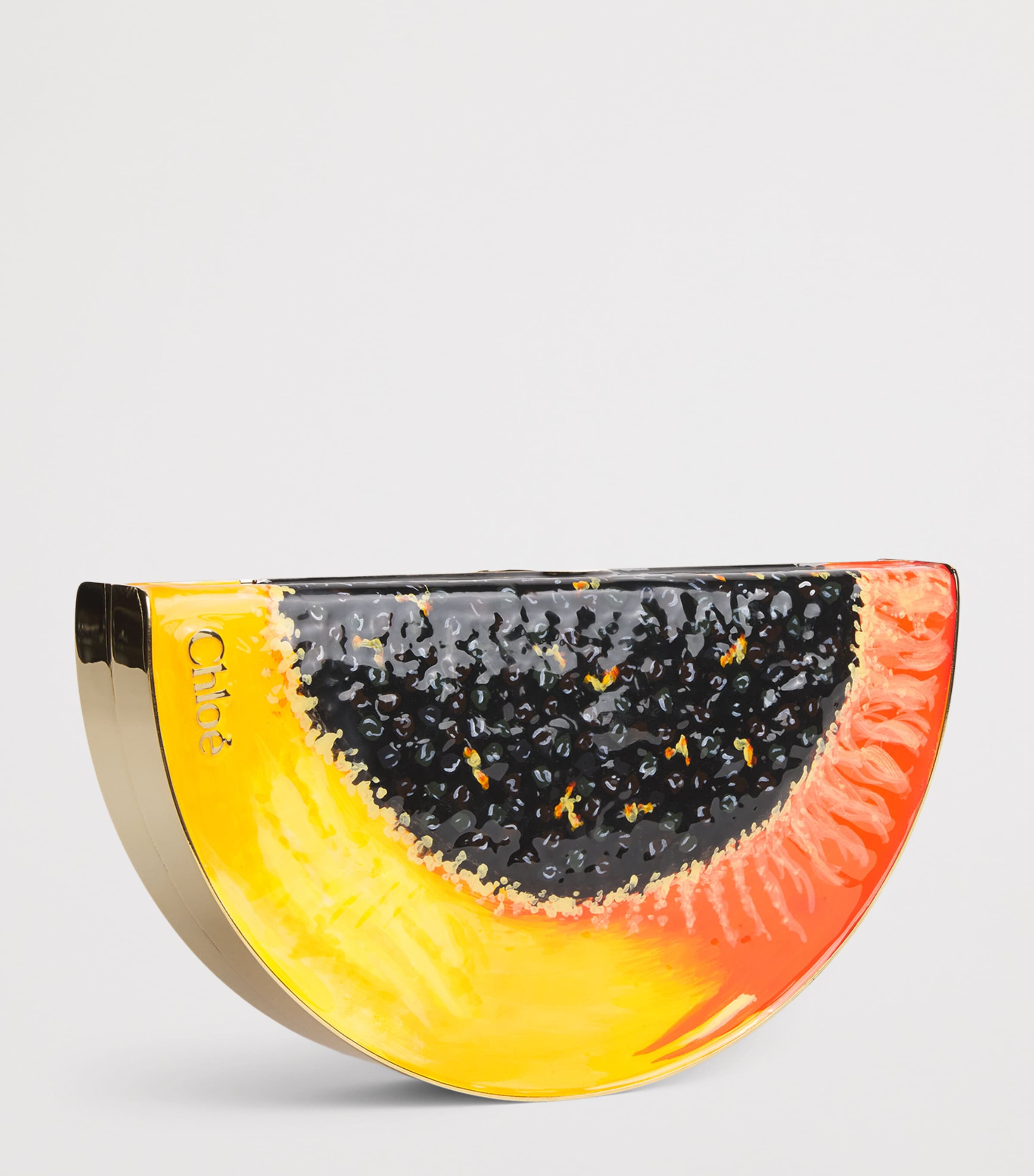 Chloé enamel papaya minaudière bag, imported from the UK