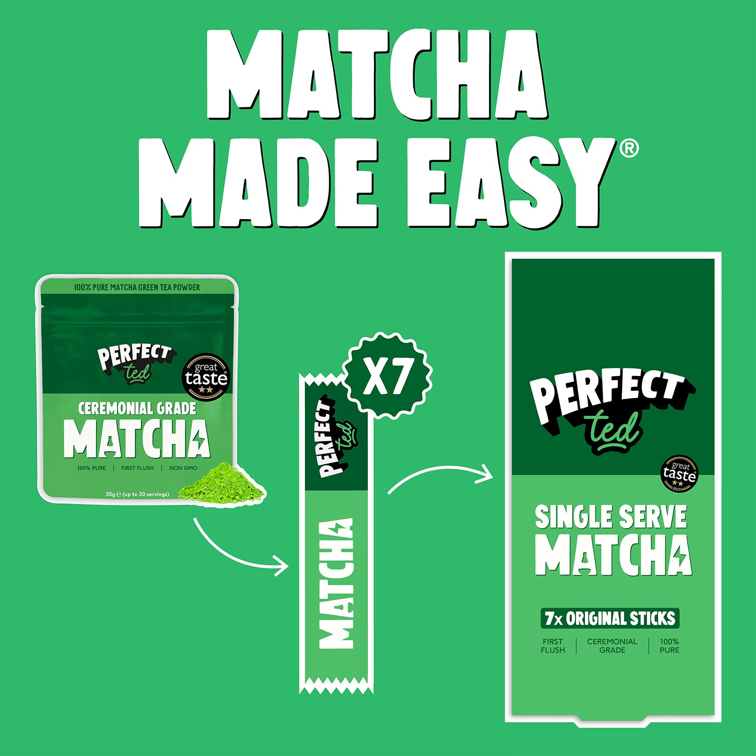 PerfectTed Organic Matcha Sticks 7 Pack, imported from the UK