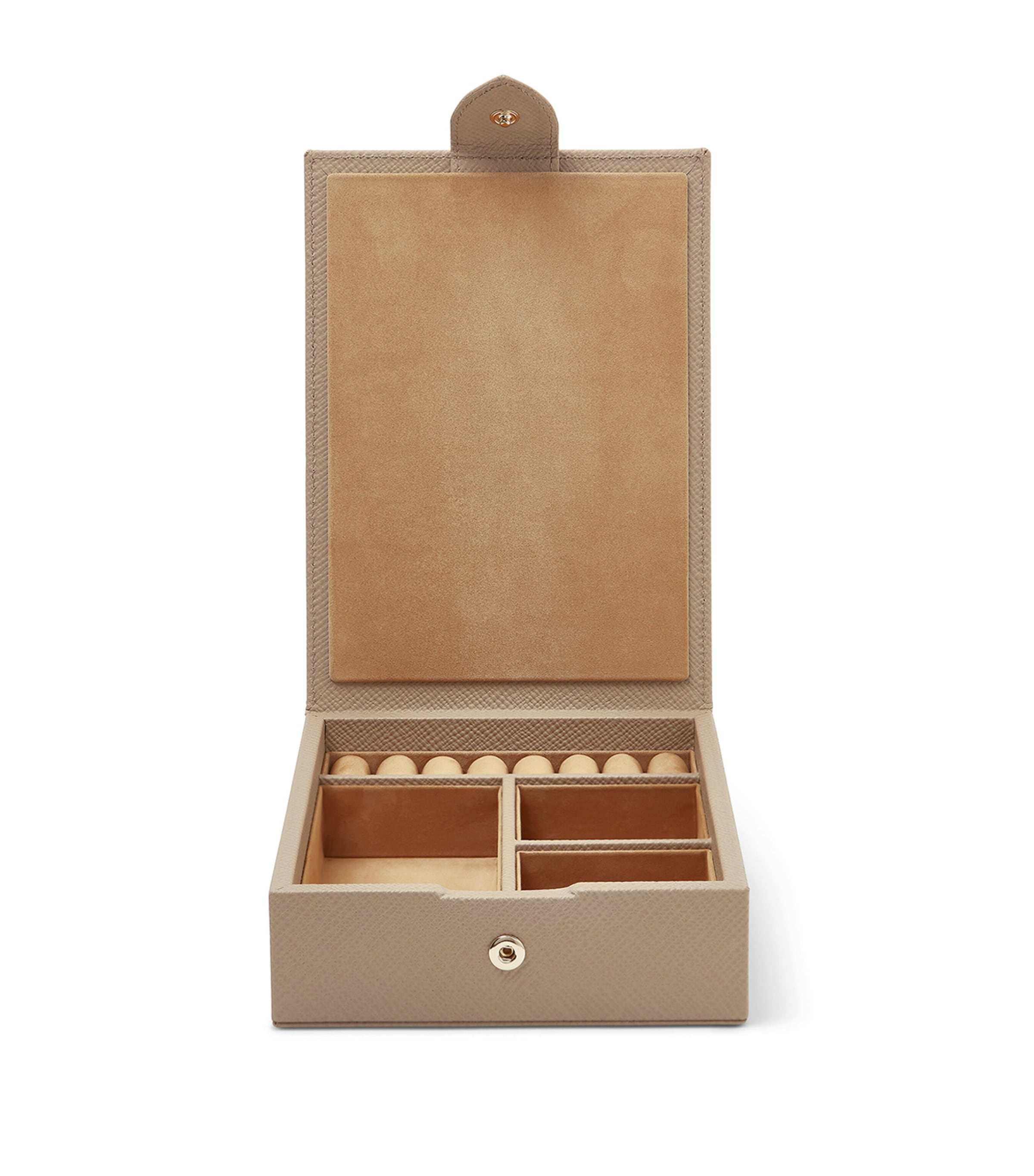 Smythson leather travel box with press-stud fastening, approximately 17x12x4cm (British brand)