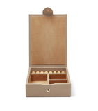 Smythson leather travel box with press-stud fastening, approximately 17x12x4cm (British brand)