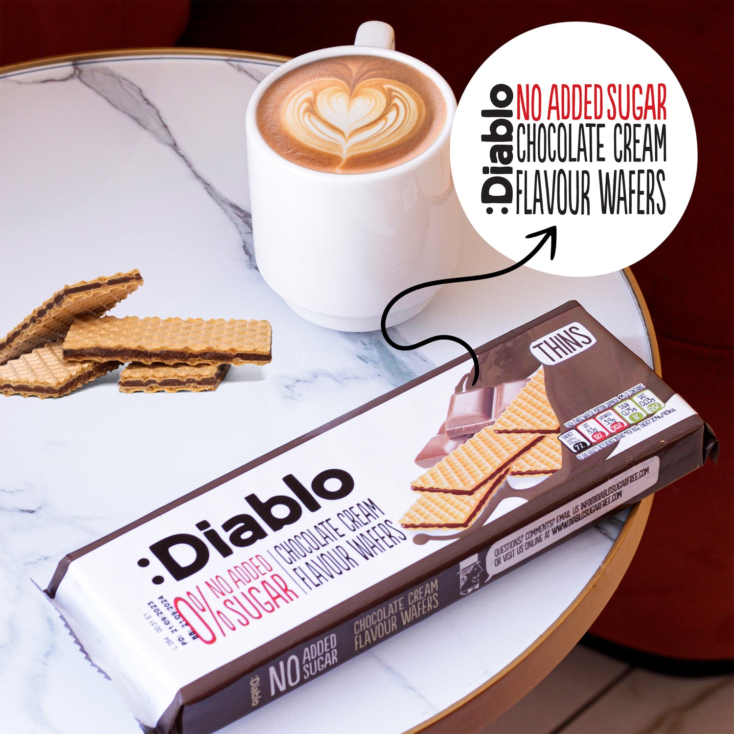 Diablo chocolate cream wafer thins no added sugar 150g (British brand)