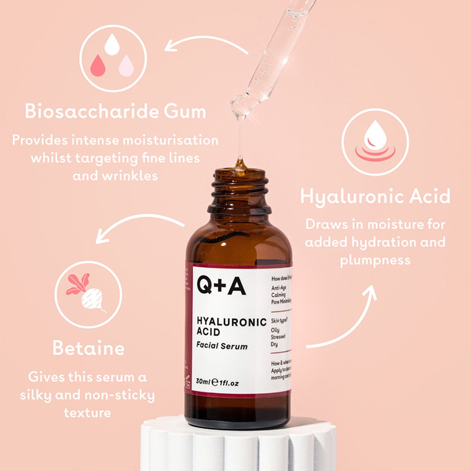 Q+A Hyaluronic Facial Serum 30ml for skin hydration (British brand)