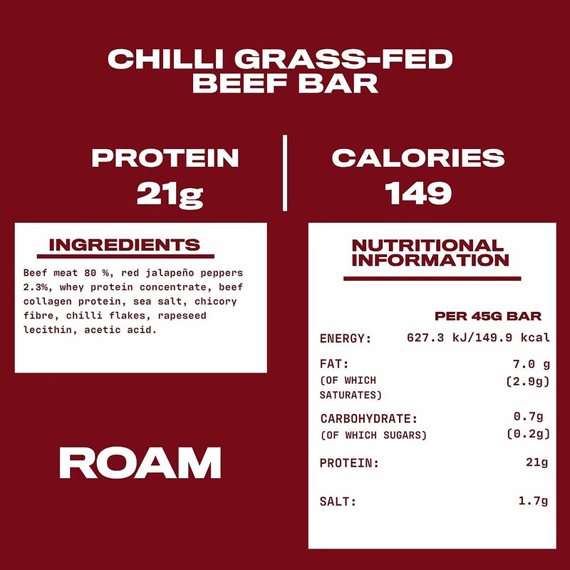 ROAM jalapeño chilli beef bar 6x45g, imported from the UK