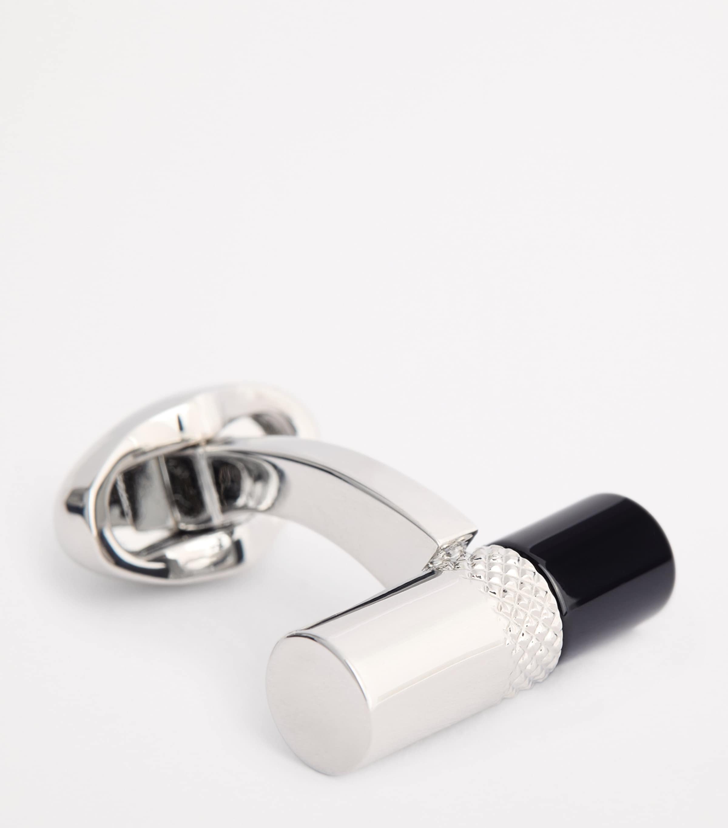 Babette Wasserman rhodium-plated stone bar cufflinks with onyx tips, imported from the UK