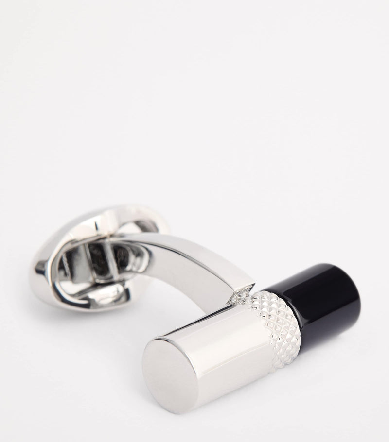 Babette Wasserman rhodium-plated stone bar cufflinks with onyx tips, imported from the UK