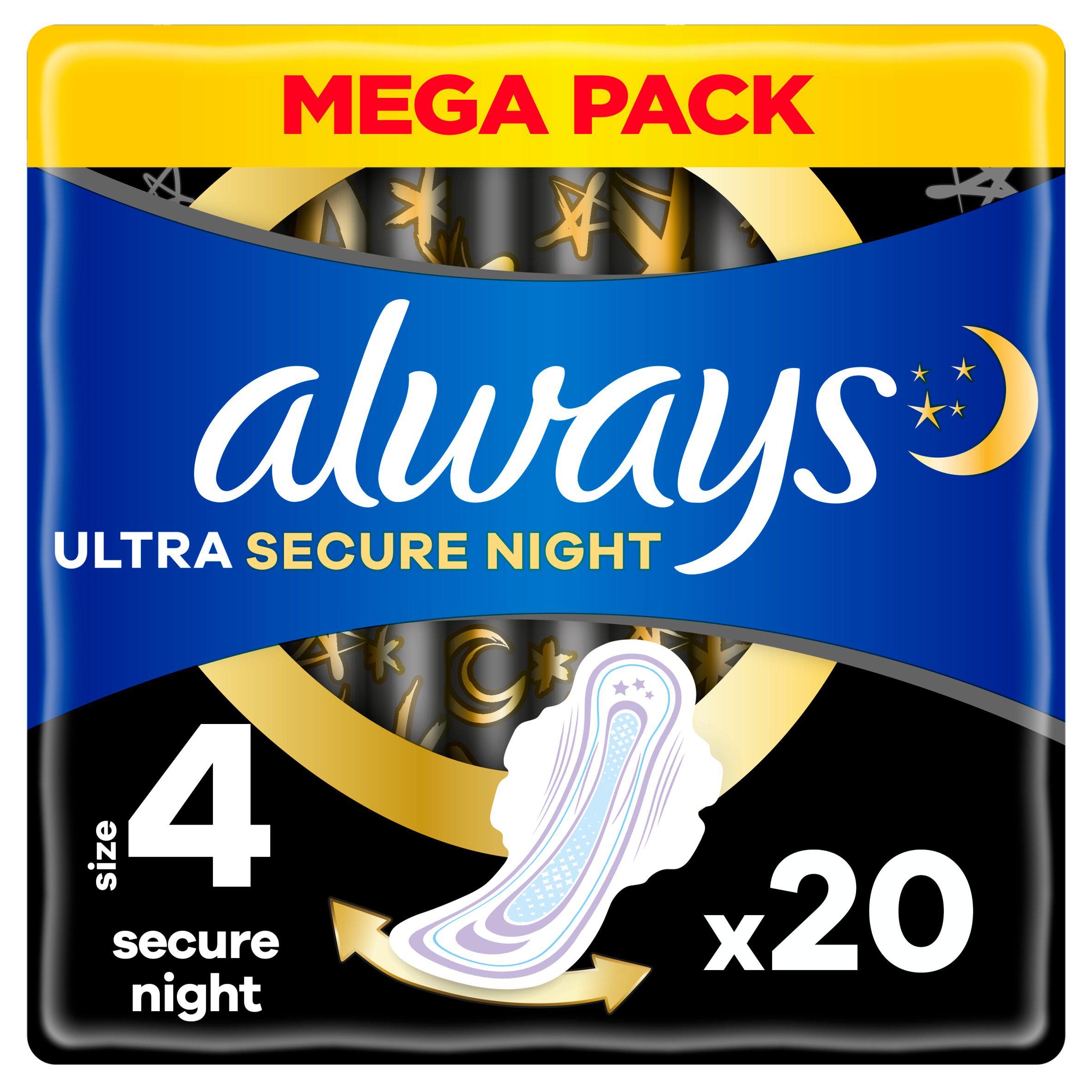 Always Ultra Sanitary Towels Secure Night with Wings, Size 4 x20 bladder weakness Sainsburys   