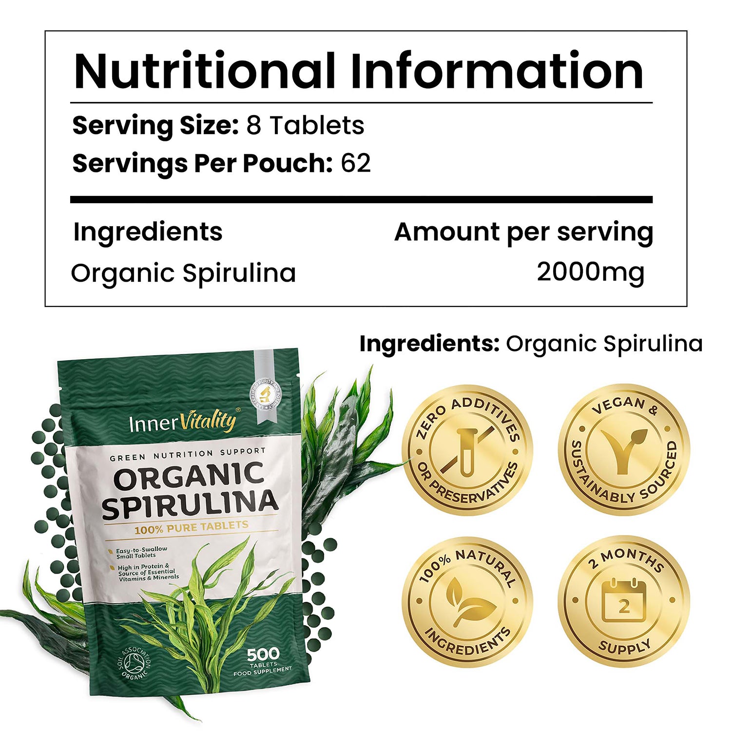 Inner Vitality organic spirulina tablets 500 count, imported from the UK