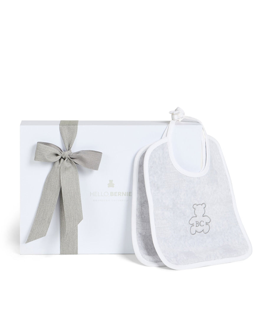 Brunello Cucinelli baby bibs set of 2 with teddy bear motifs, imported from the UK