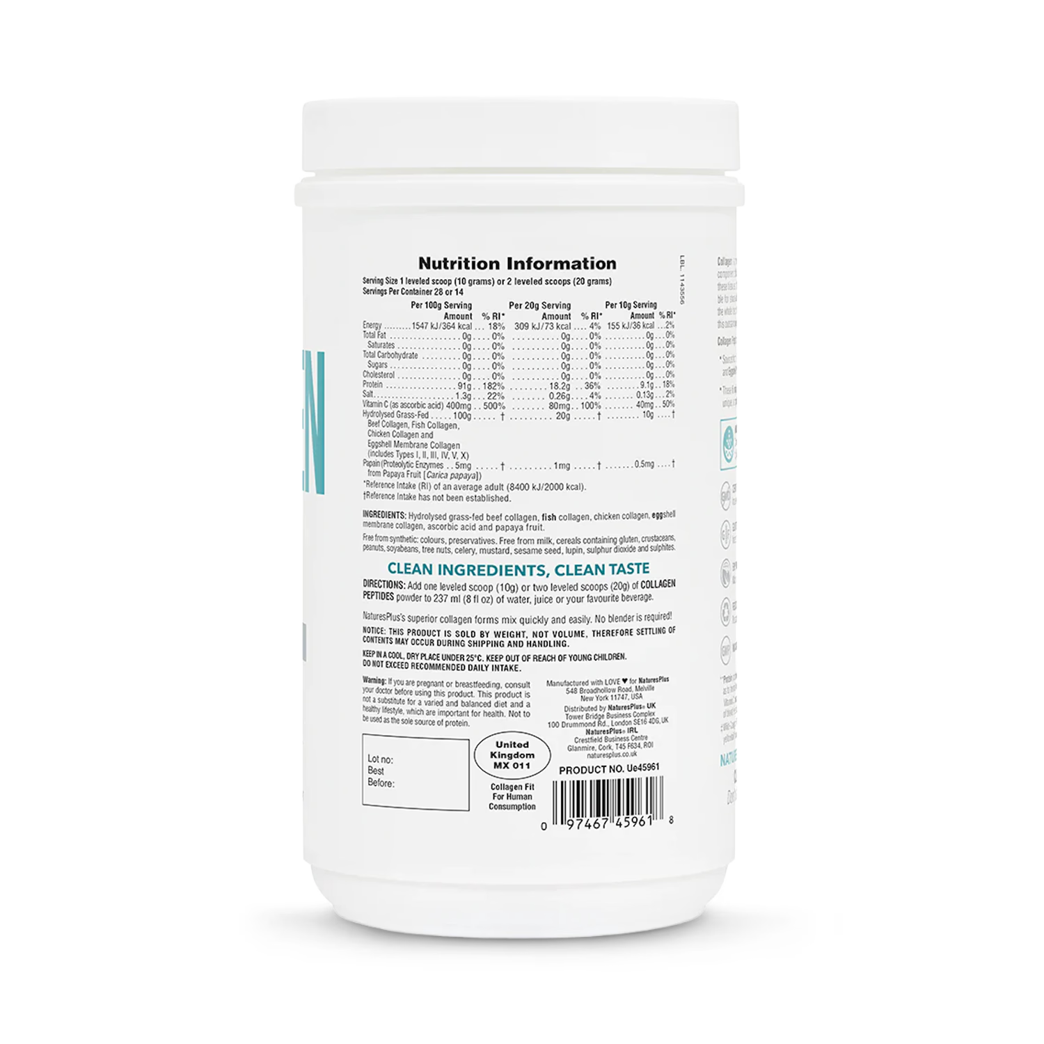 NaturesPlus collagen peptides powder with vitamin C 280g (British brand)