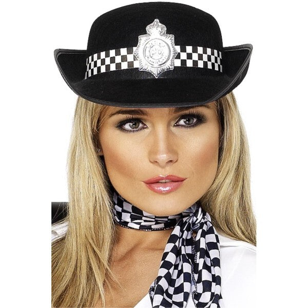 Smiffys policewoman costume hat black with badge, UK version