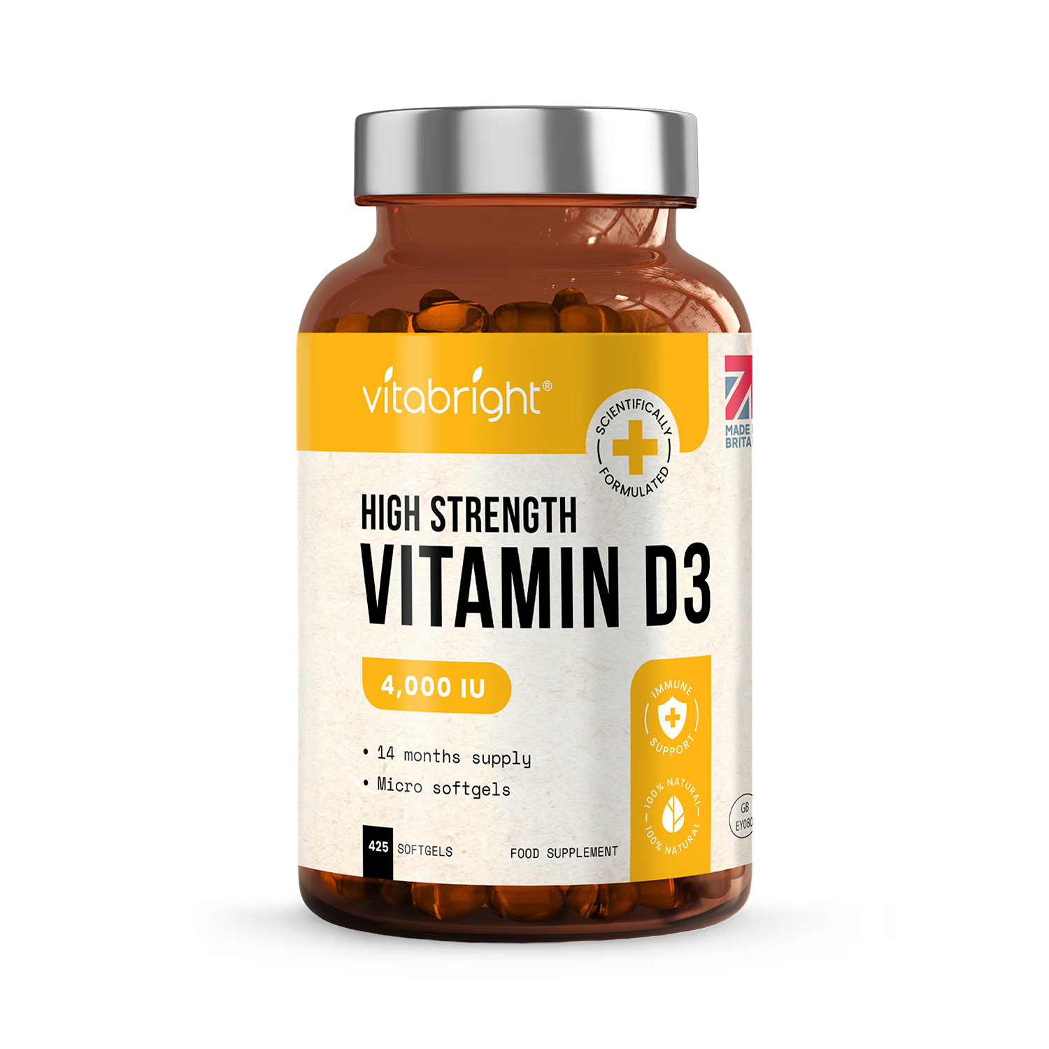 VitaBright vitamin D3 supplement 4000 IU 425 softgels, imported from the UK
