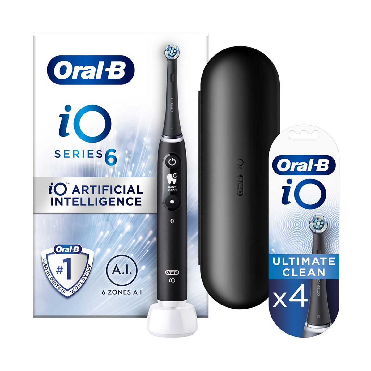 Oral-B iO6 Electric Toothbrush - Black Lava + iO™ Ultimate Clean Black Replacement Electric Toothbrush Heads 4 Pack Bundle GOODS Boots   