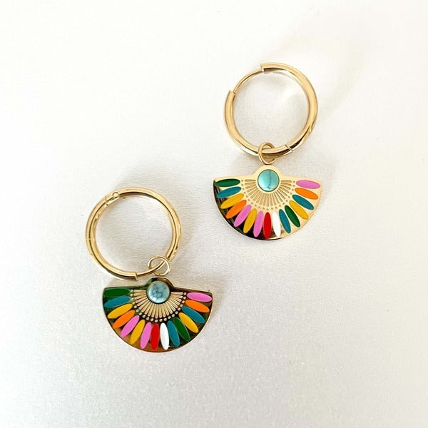 Luxe Tones Solara 18k gold plated hoop earrings fan charm 3cm (British brand)