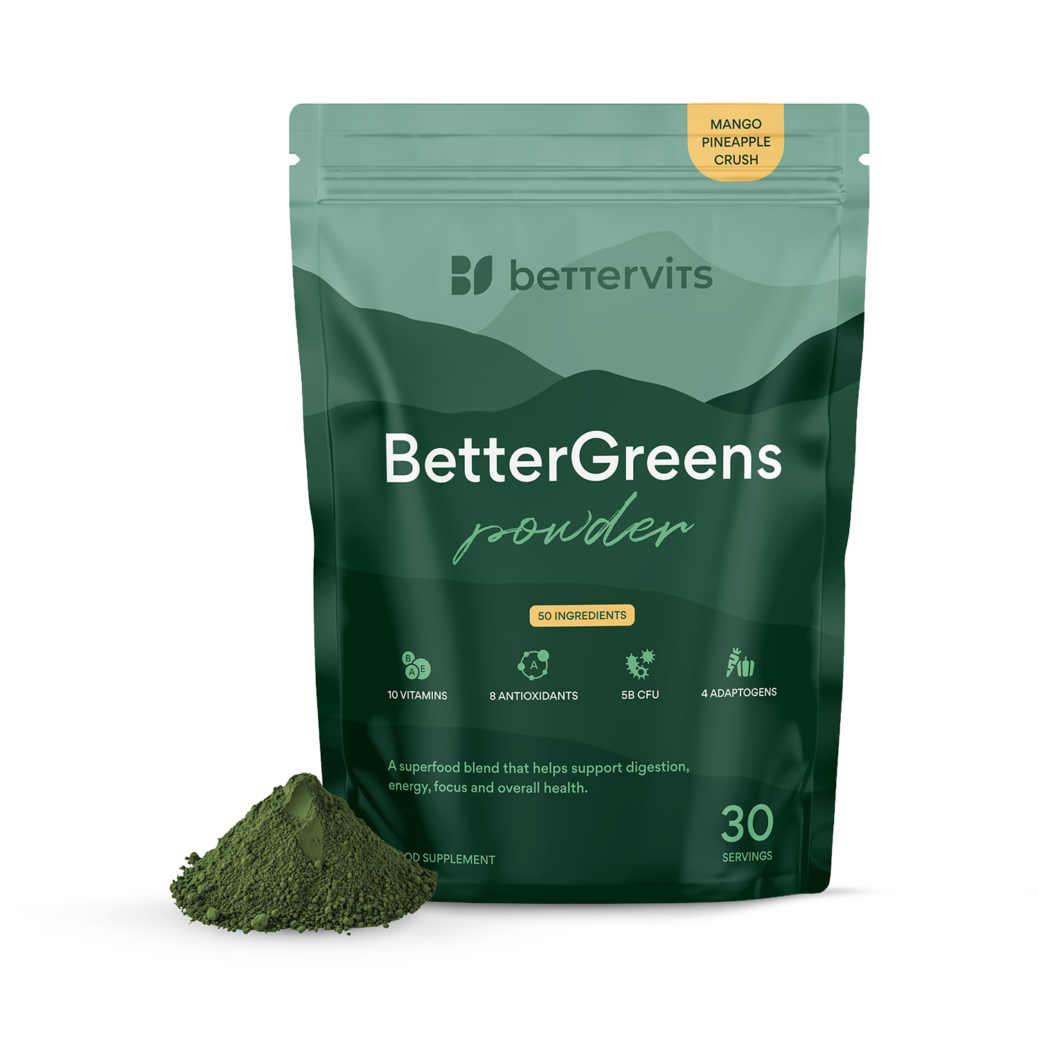 Bettervits BetterGreens mushroom powder with 50 ingredients, 30 servings (British brand)