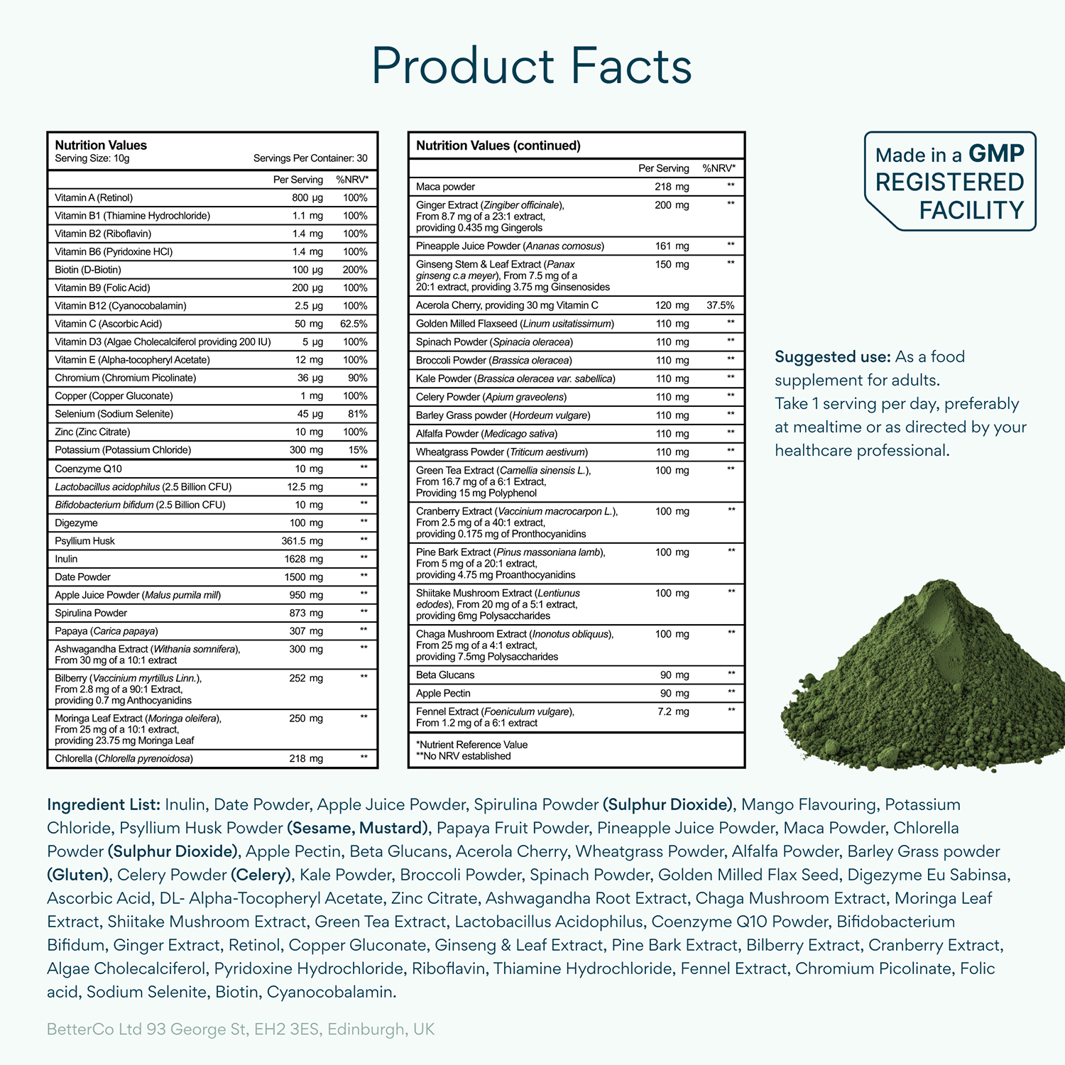 Bettervits BetterGreens mushroom powder with 50 ingredients, 30 servings (British brand)