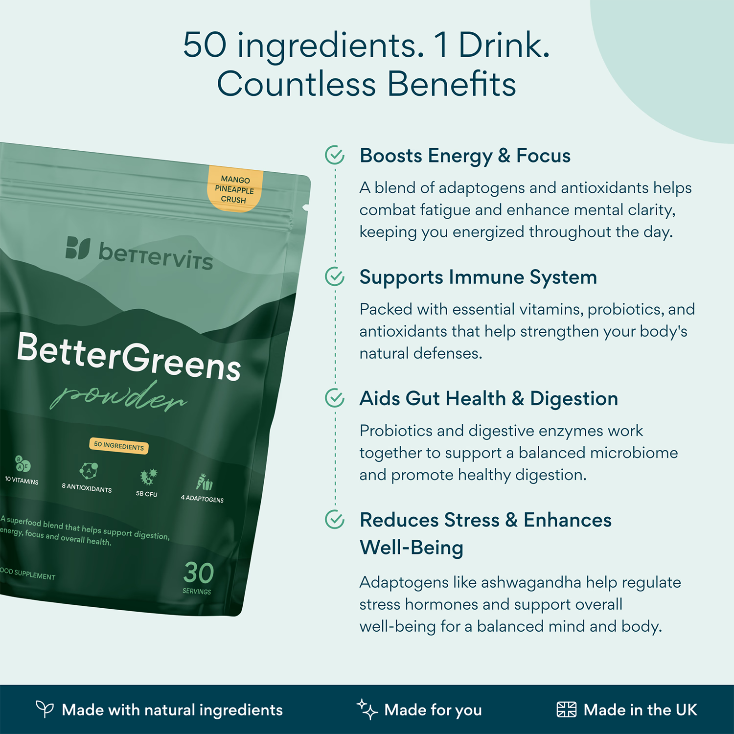 Bettervits BetterGreens mushroom powder with 50 ingredients, 30 servings (British brand)