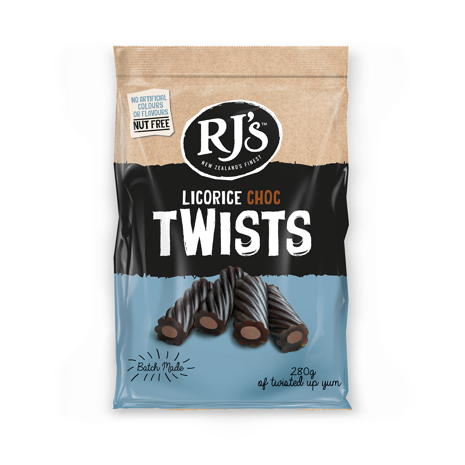 RJ's Licorice Choc Twists 280g, imported from the UK