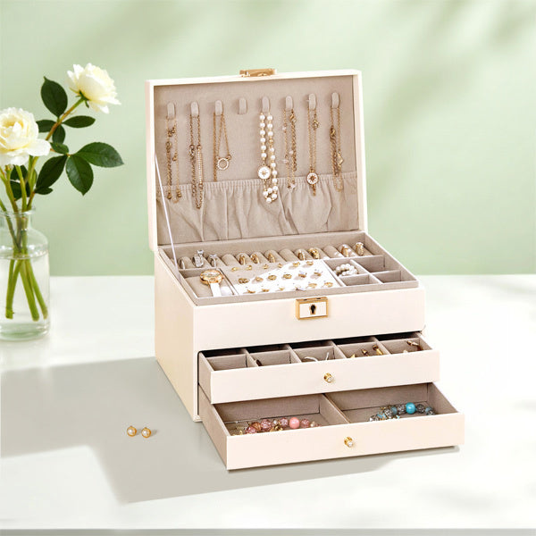 Livingandhome white PU leather jewellery box 23x17x13.5cm, imported from the UK