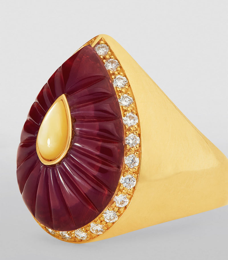 L'Atelier Nawbar yellow gold ruby diamond Bond ring, imported from the UK