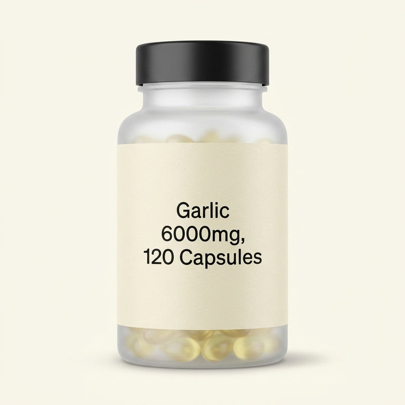 Holland & Barrett garlic supplement 6000mg 120 capsules, imported from the UK