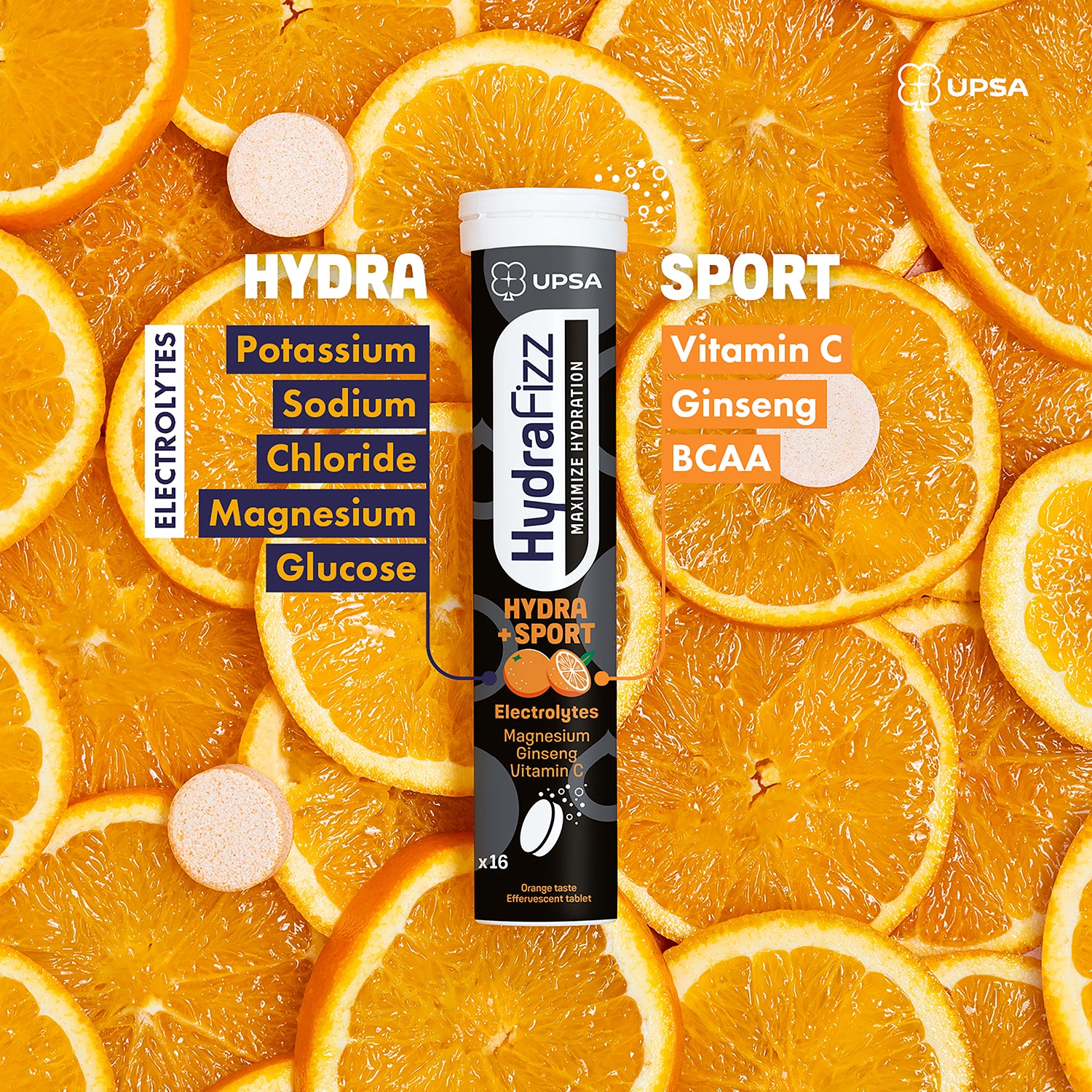 Hydrafizz effervescent supplement orange flavoured, UK version