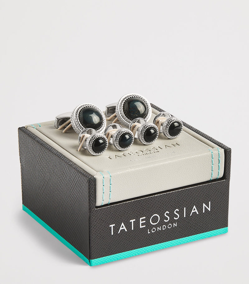 Tateossian sterling silver and onyx herringbone cufflinks and studs set (British brand)
