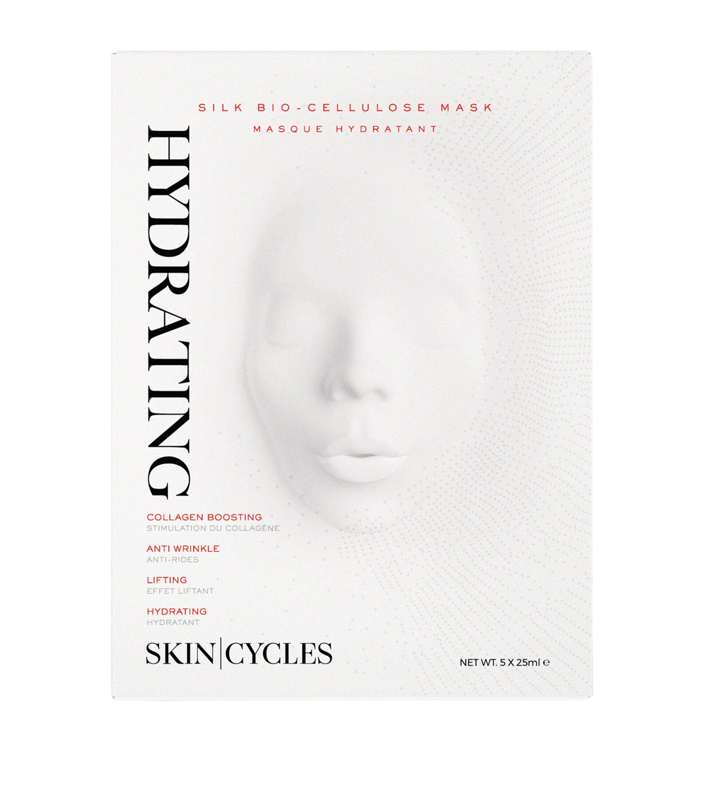SKIN - CYCLES bio cellulose facial mask with collagen-boosting peptides, 5 x 25ml (British brand)
