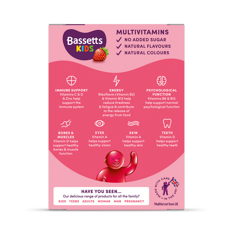 Bassetts Kids Multivitamins strawberry gummies 30 count, imported from the UK
