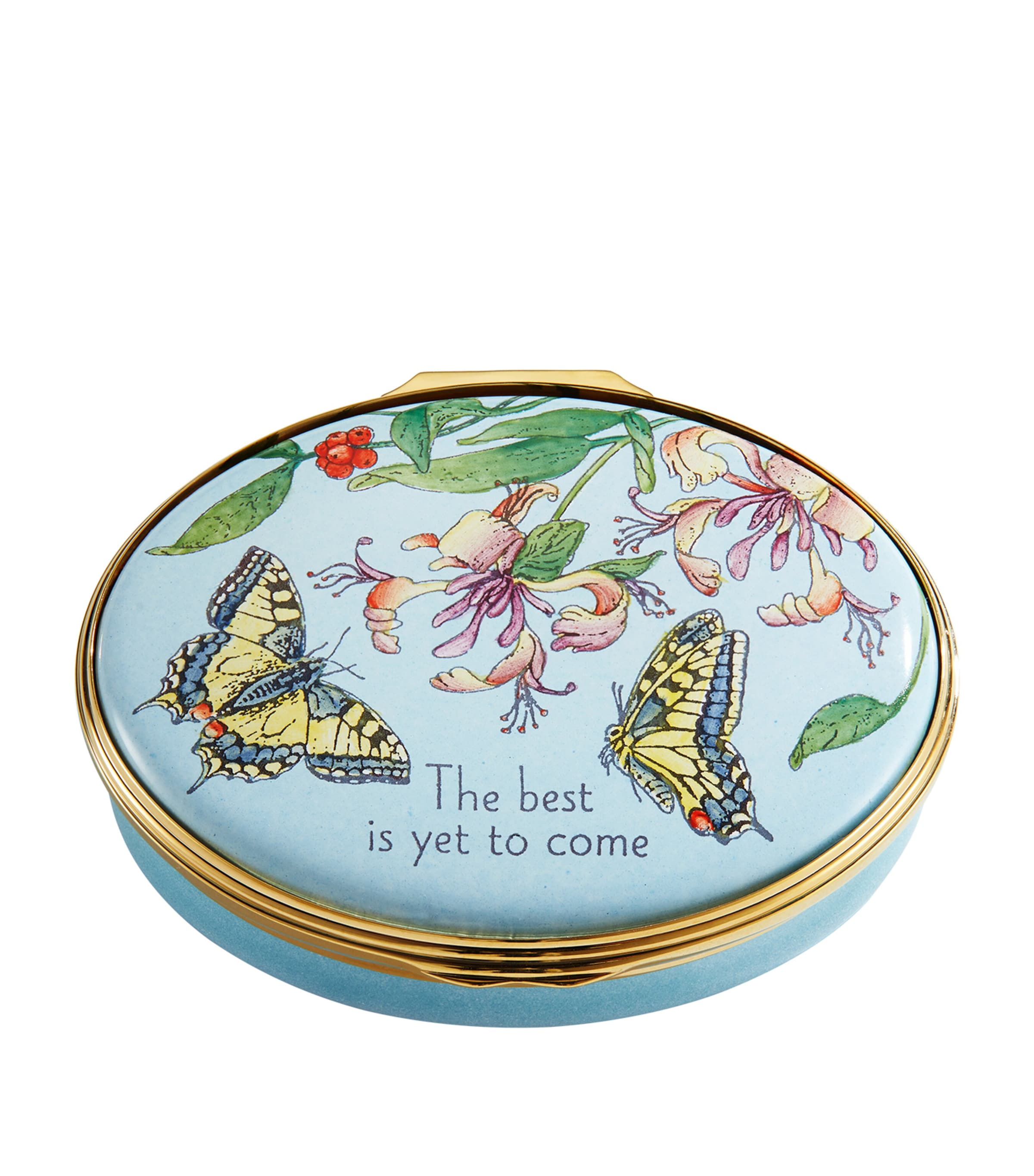 Halcyon Days enamel box with 'The Best Is Yet To Come' message, UK version