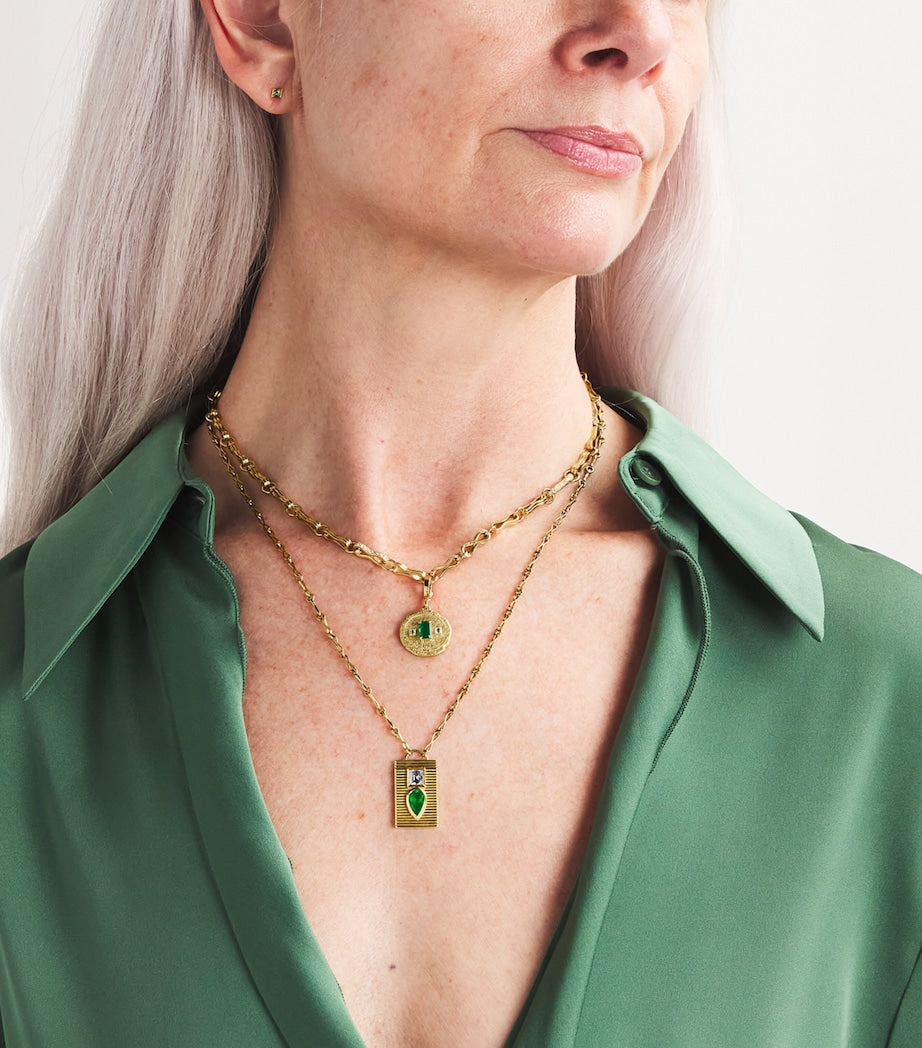 Azlee yellow gold diamond and emerald duet necklace - British product