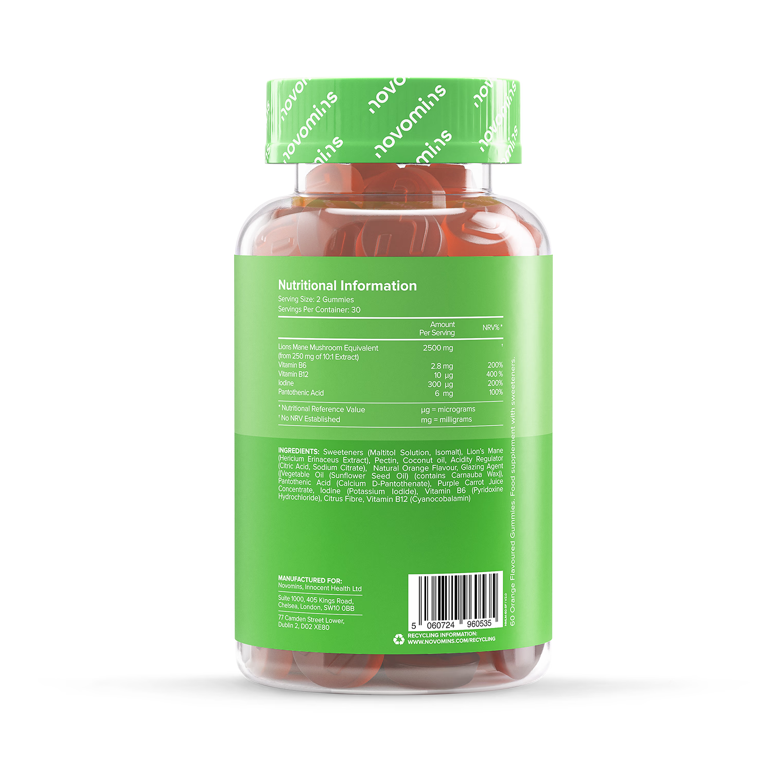 Novomins Lion's Mane gummies orange flavoured 60 count, UK version
