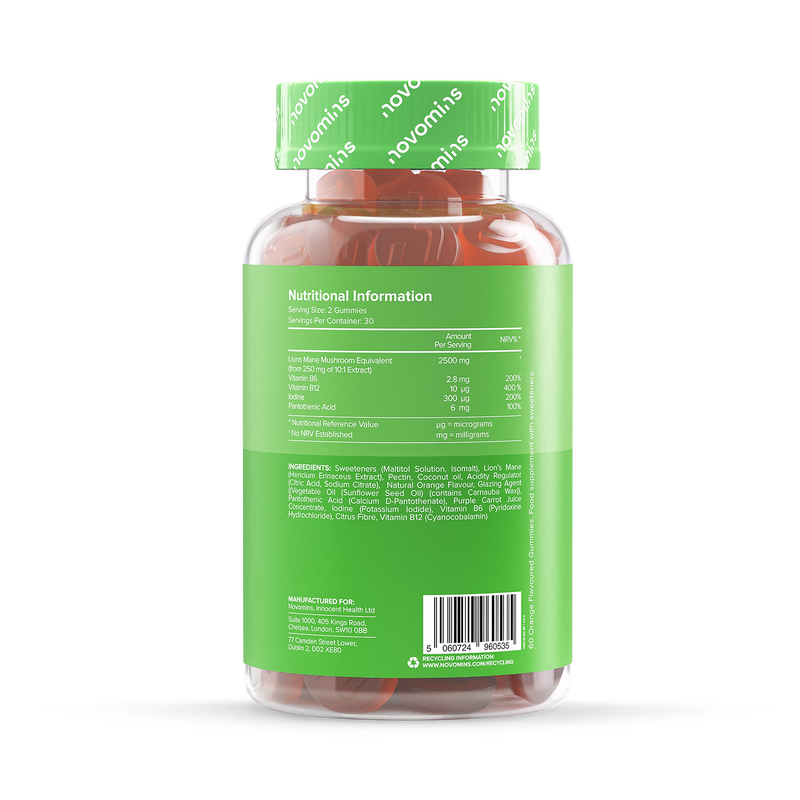 Novomins Lion's Mane gummies orange flavoured 60 count, UK version