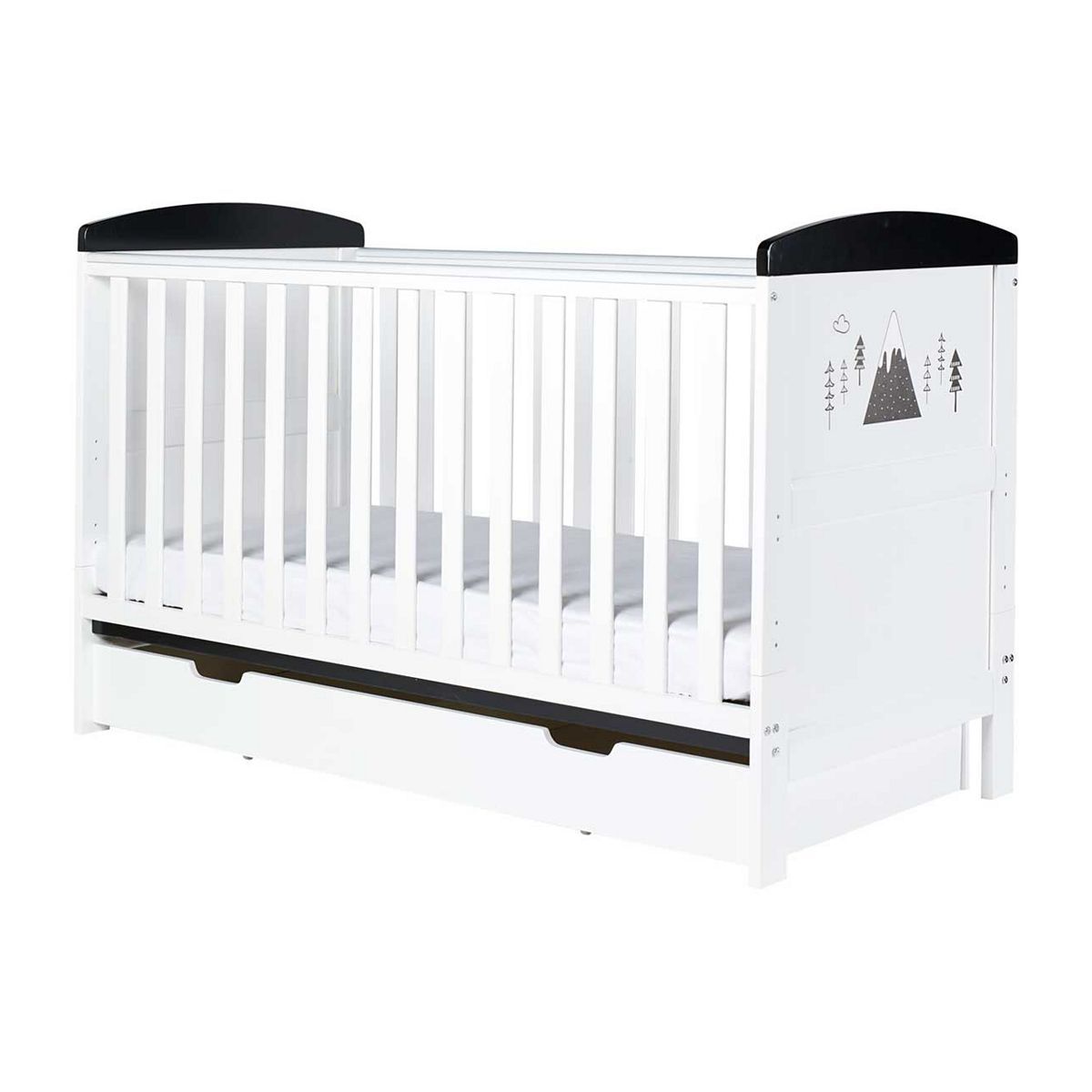 Ickle Bubba Coleby Style Cot Bed, Under Drawer and Deluxe Matress - Mono Mountains GOODS Boots   