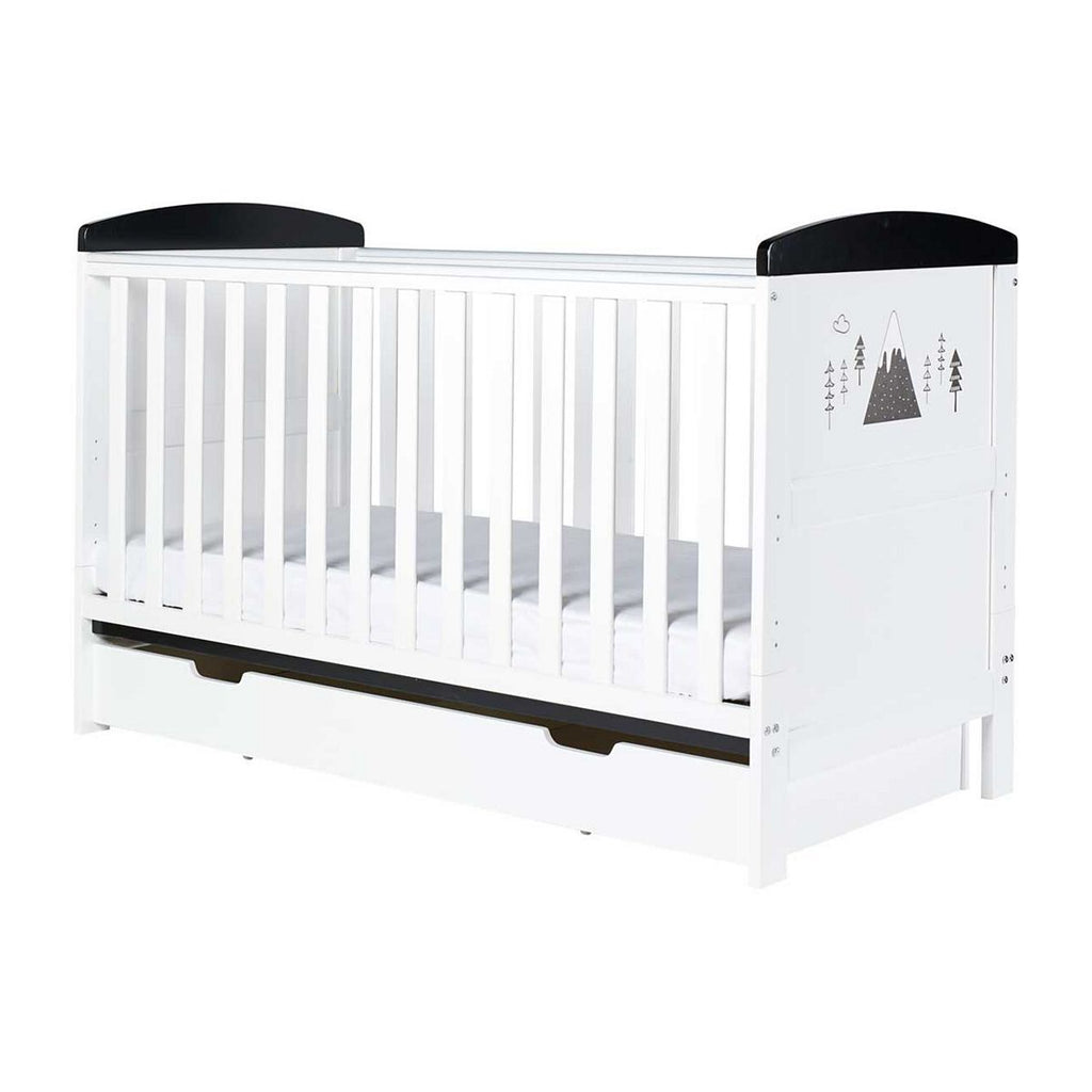 Ickle Bubba Coleby Style Cot Bed, Under Drawer and Deluxe Matress - Mono Mountains