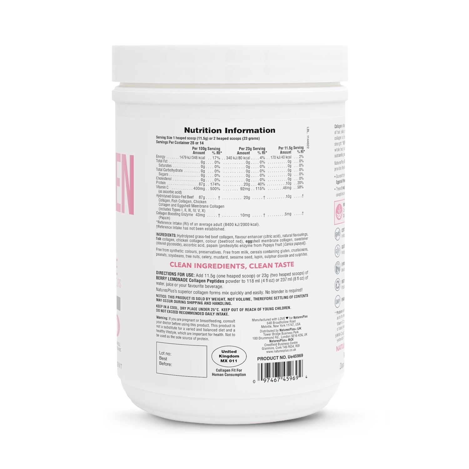 NaturesPlus Collagen Peptides Powder Berry Lemonade 322G, imported from the UK