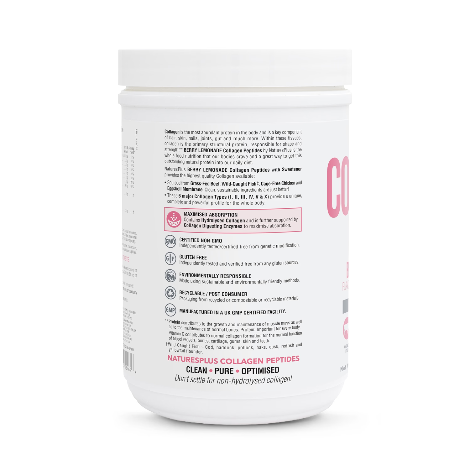 NaturesPlus Collagen Peptides Powder Berry Lemonade 322G, imported from the UK
