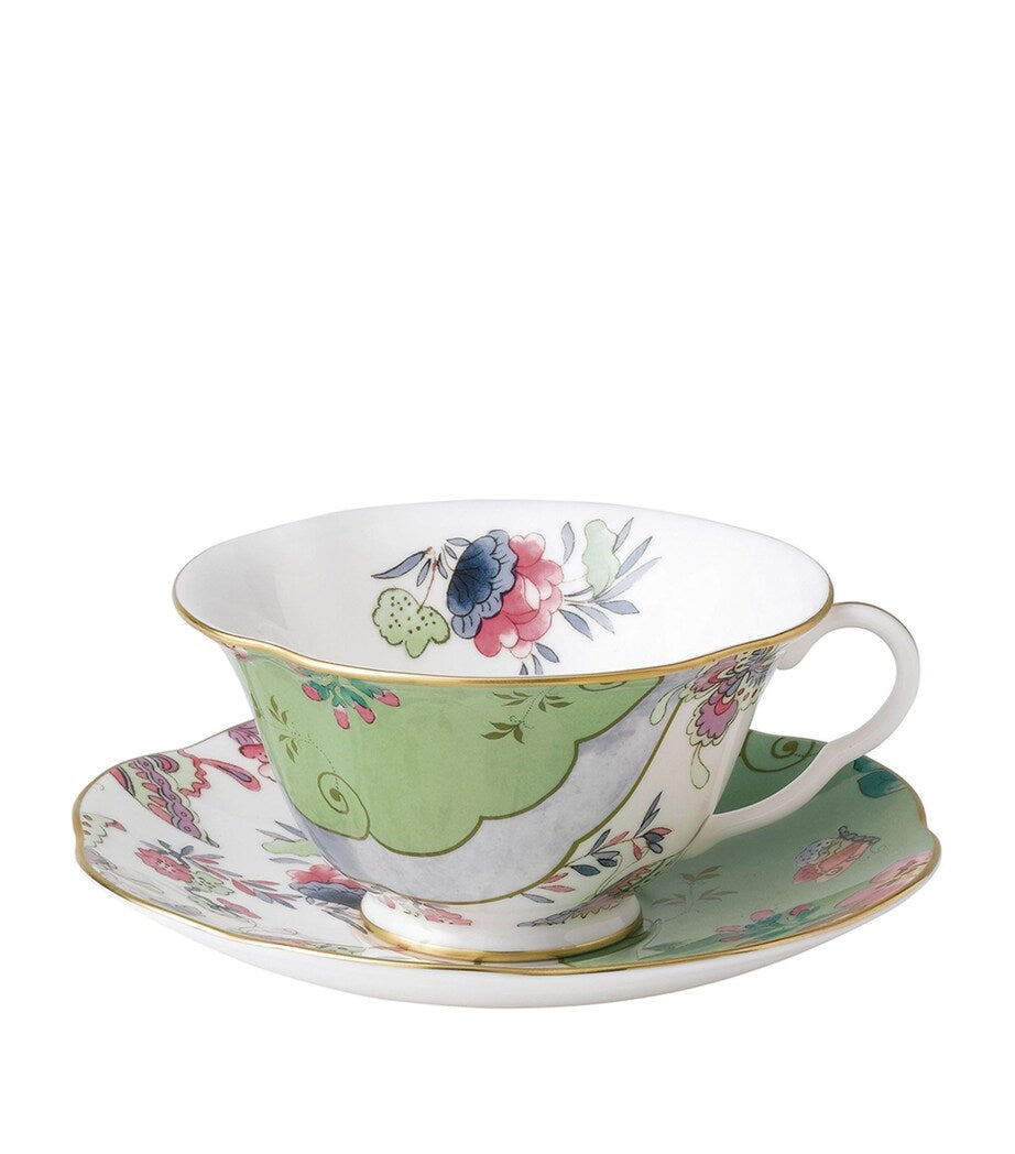 Floral Print Teacup and Saucer Set with Gold Banding, 185ml Capacity