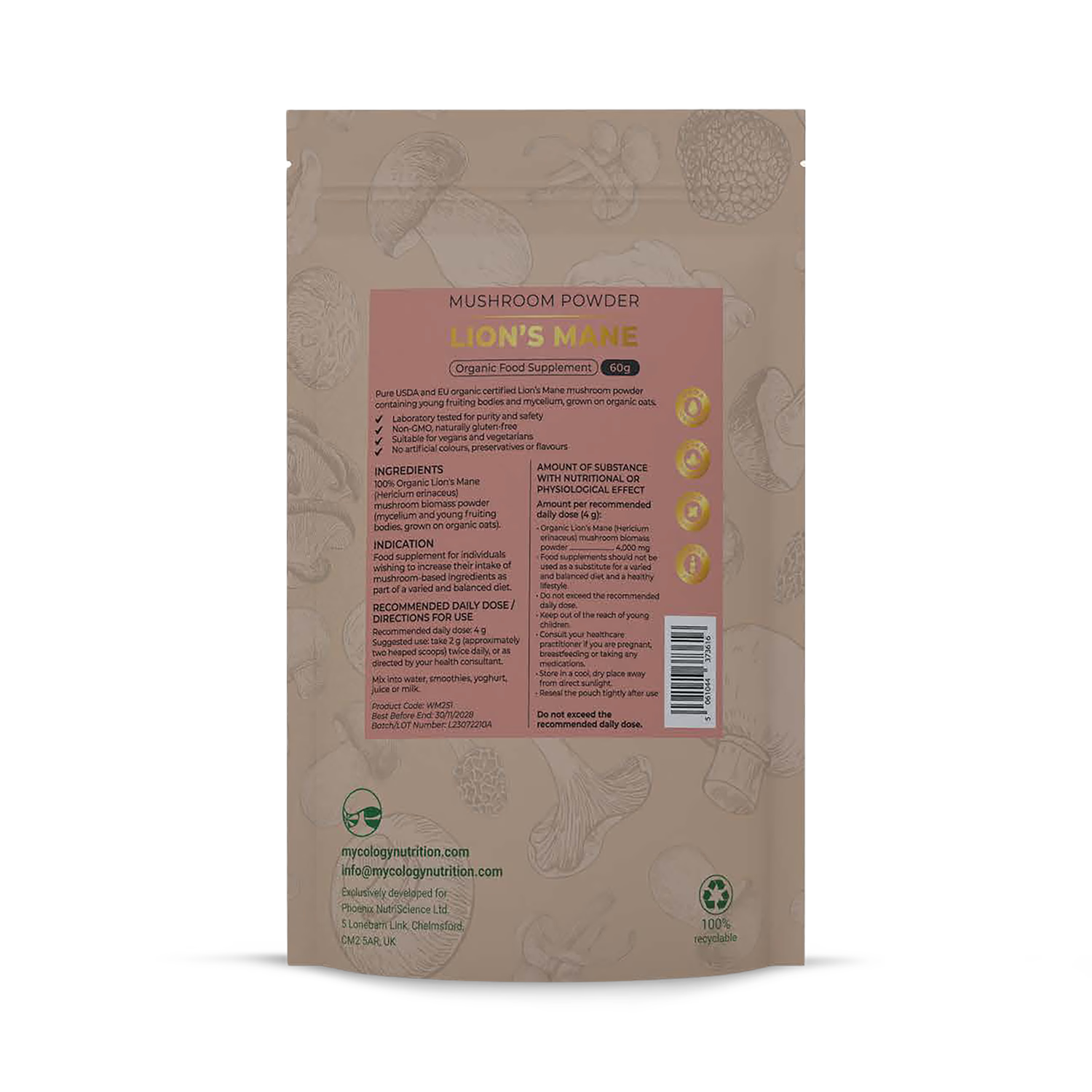 Mycology Nutrition organic Lion's Mane powder 60g, UK version