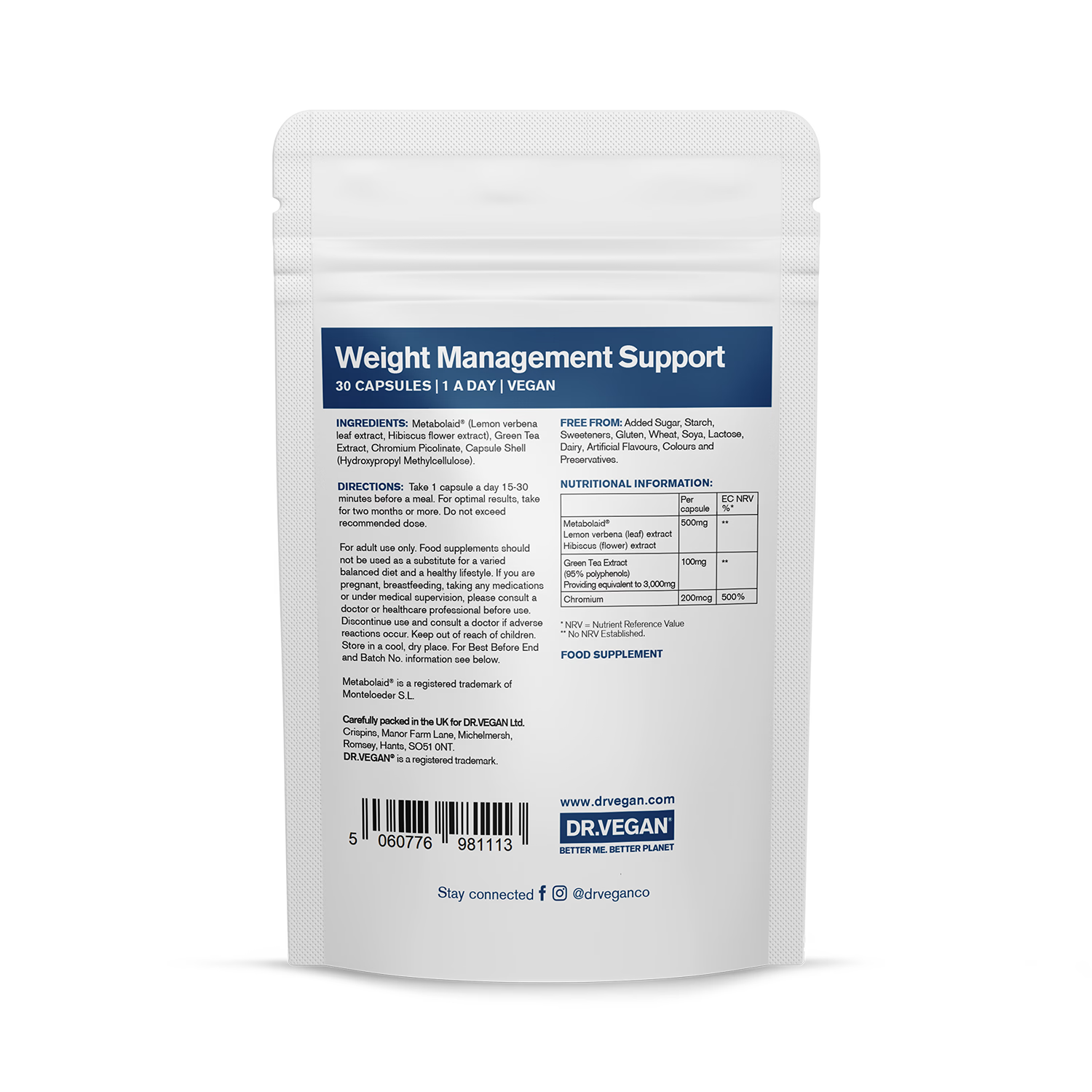 DR.VEGAN Weight Management Support 30 capsules, imported from the UK