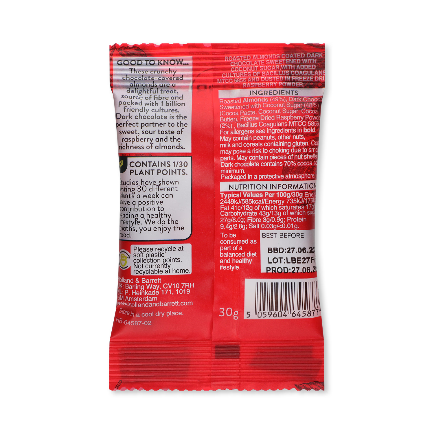 Holland & Barrett Dark Chocolate Raspberry Almonds 30g, UK version