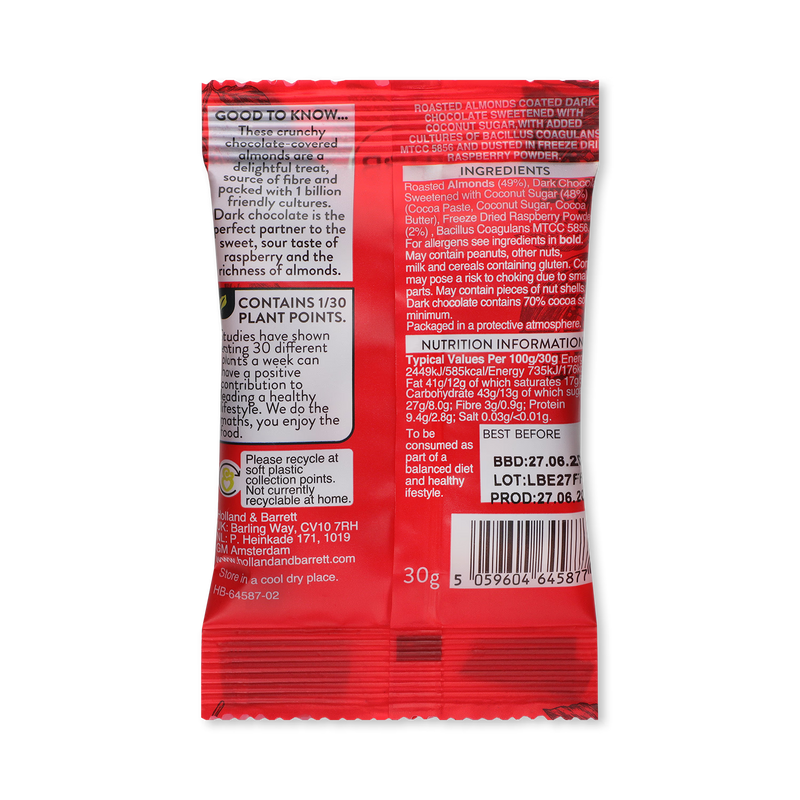 Holland & Barrett Dark Chocolate Raspberry Almonds 30g, UK version