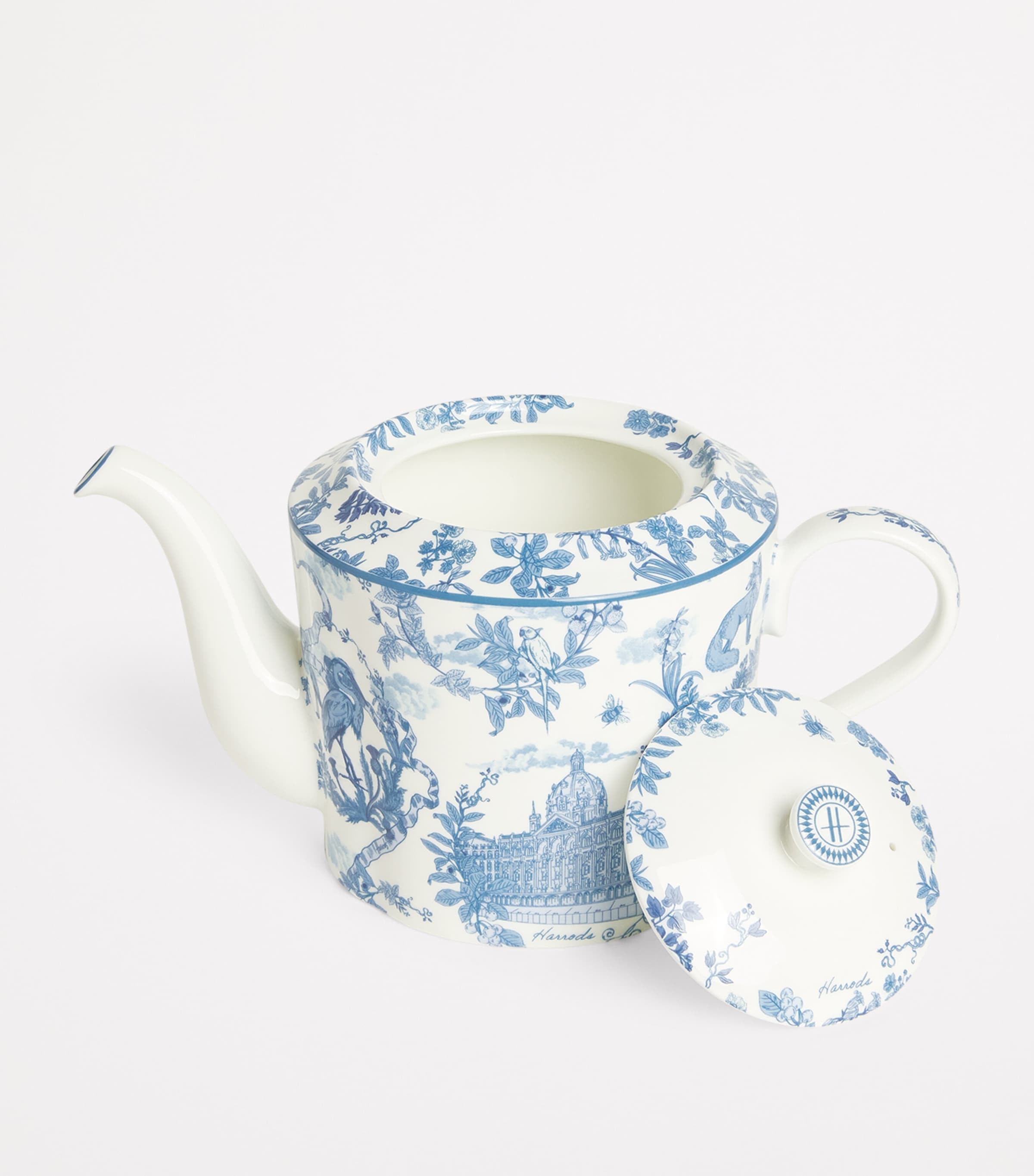 Harrods bone china teapot with toile pattern 16cm height, UK version