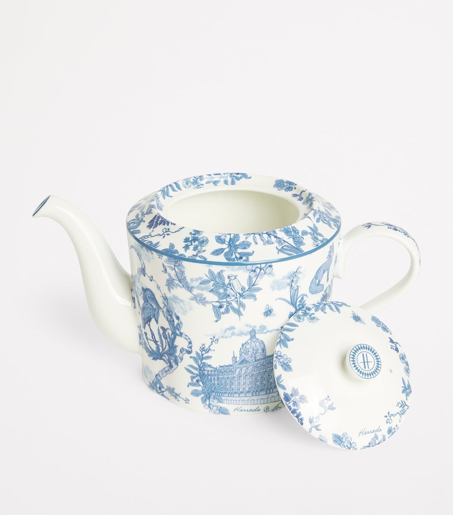 Harrods bone china teapot with toile pattern 16cm height, UK version