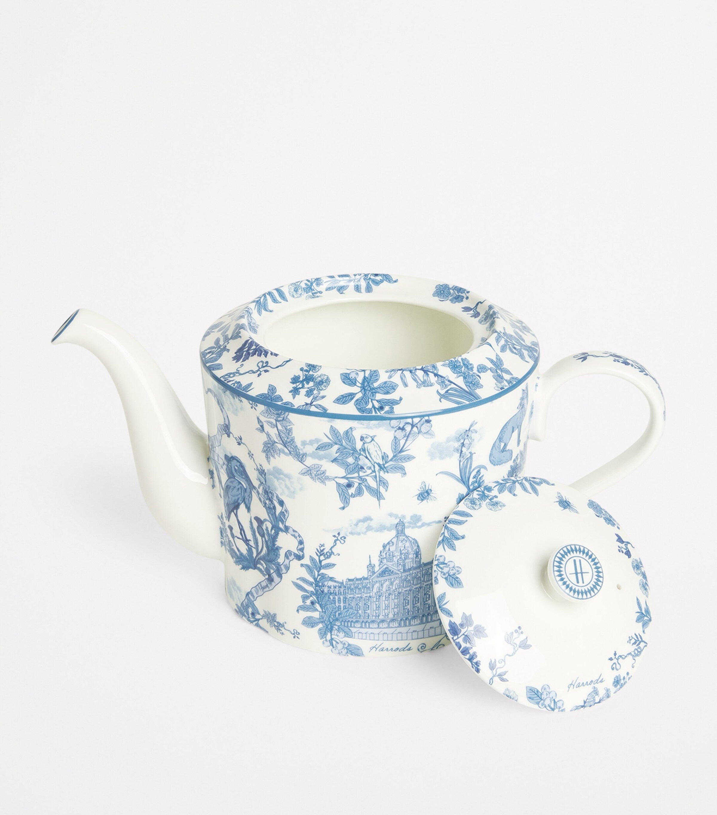 Harrods bone china teapot with toile pattern 16cm height, UK version