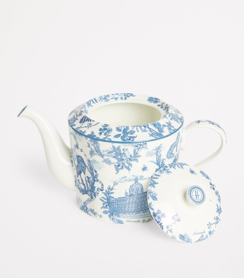Harrods bone china teapot with toile pattern 16cm height, UK version