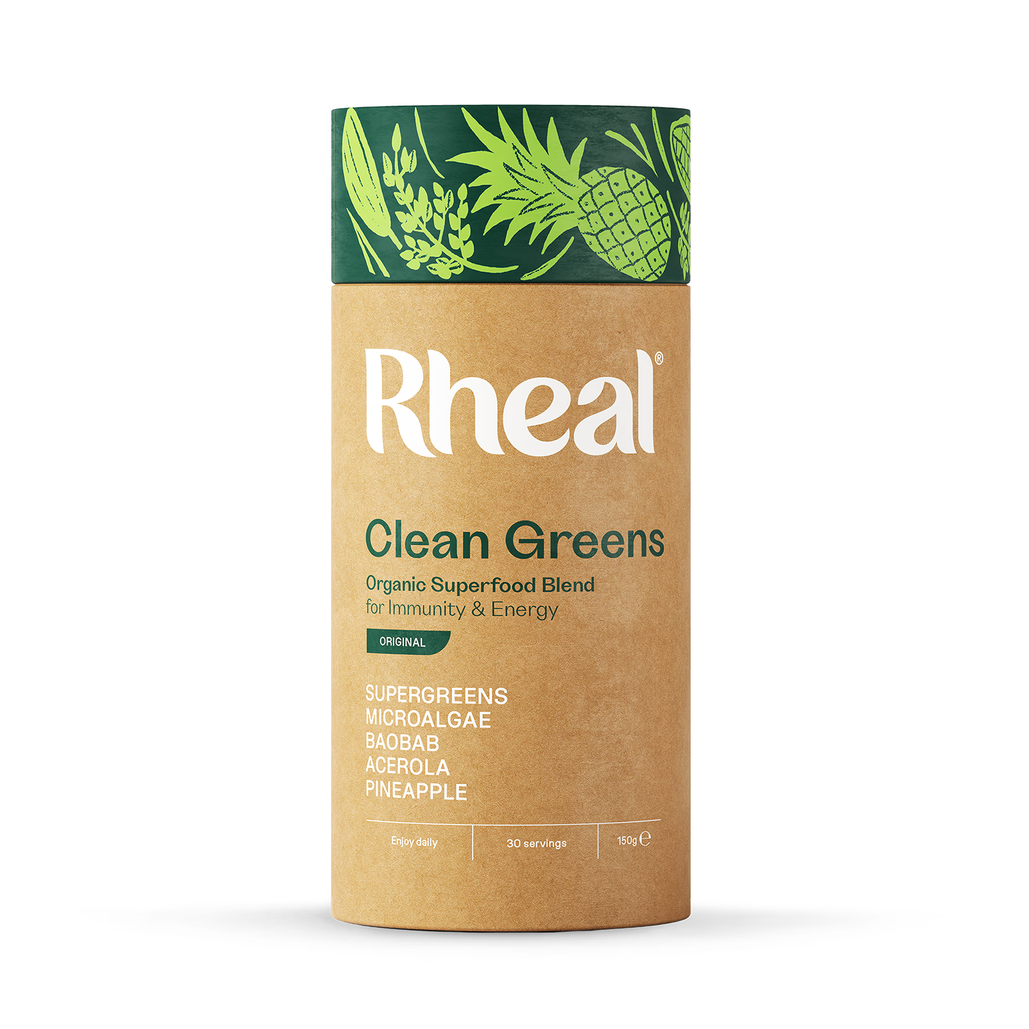 Rheal Superfoods Clean Greens organic greens powder 150g, imported from the UK