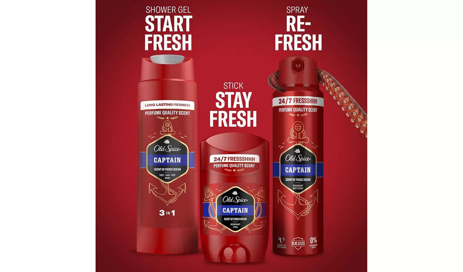 Old Spice Captain gift set with deodorant, spray, and shower gel (British brand)