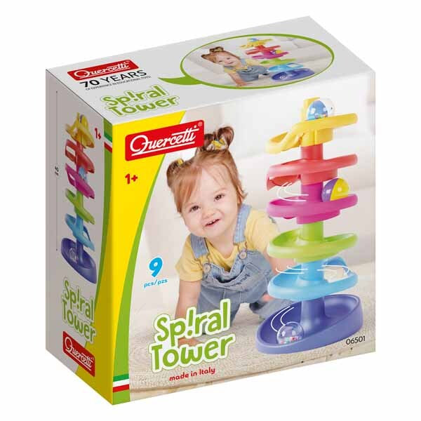 Quercetti Spiral Tower toy with colourful balls, imported from the UK