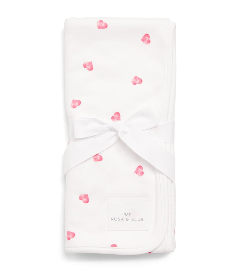 Rosa & Blue hearts baby blanket bamboo organic cotton - British product