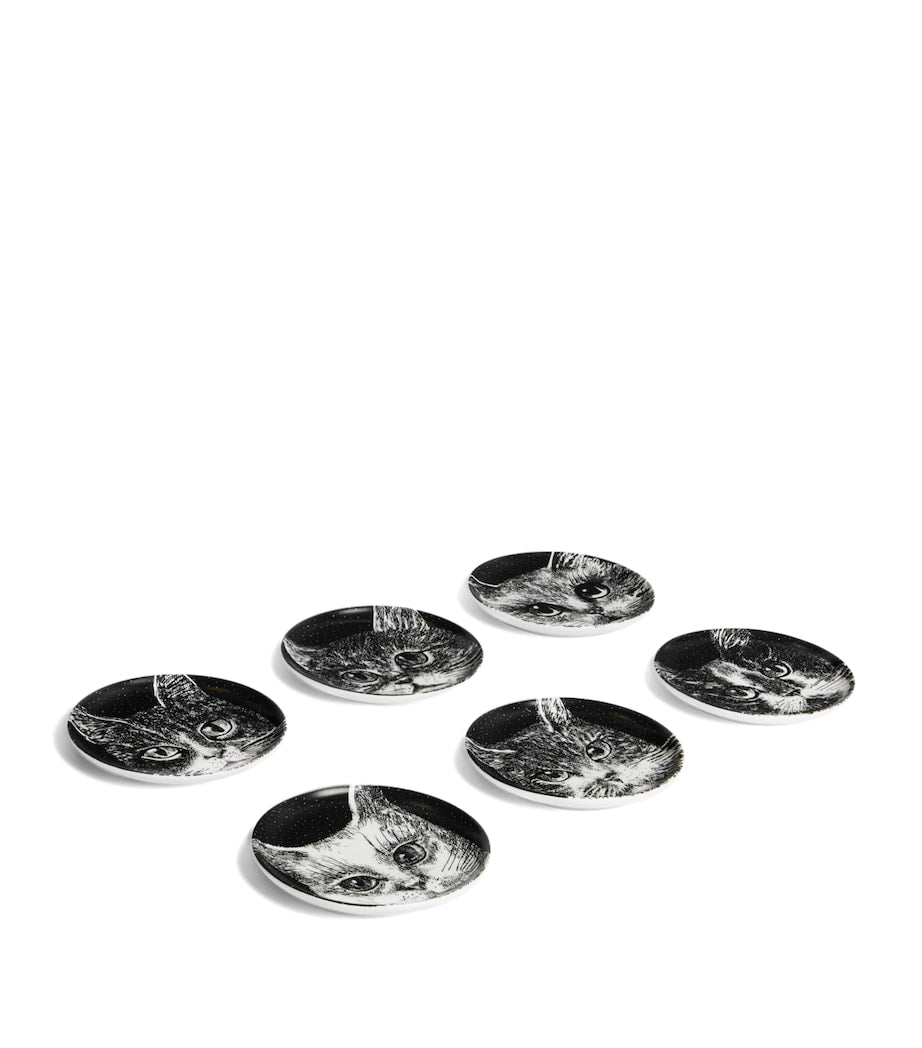 Fornasetti set of 6 porcelain trinket trays with feline figures, 10cm diameter - British product